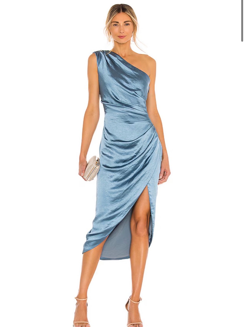 NWT Elliatt One-Shoulder Satin Midi Dress in Dusty Blue